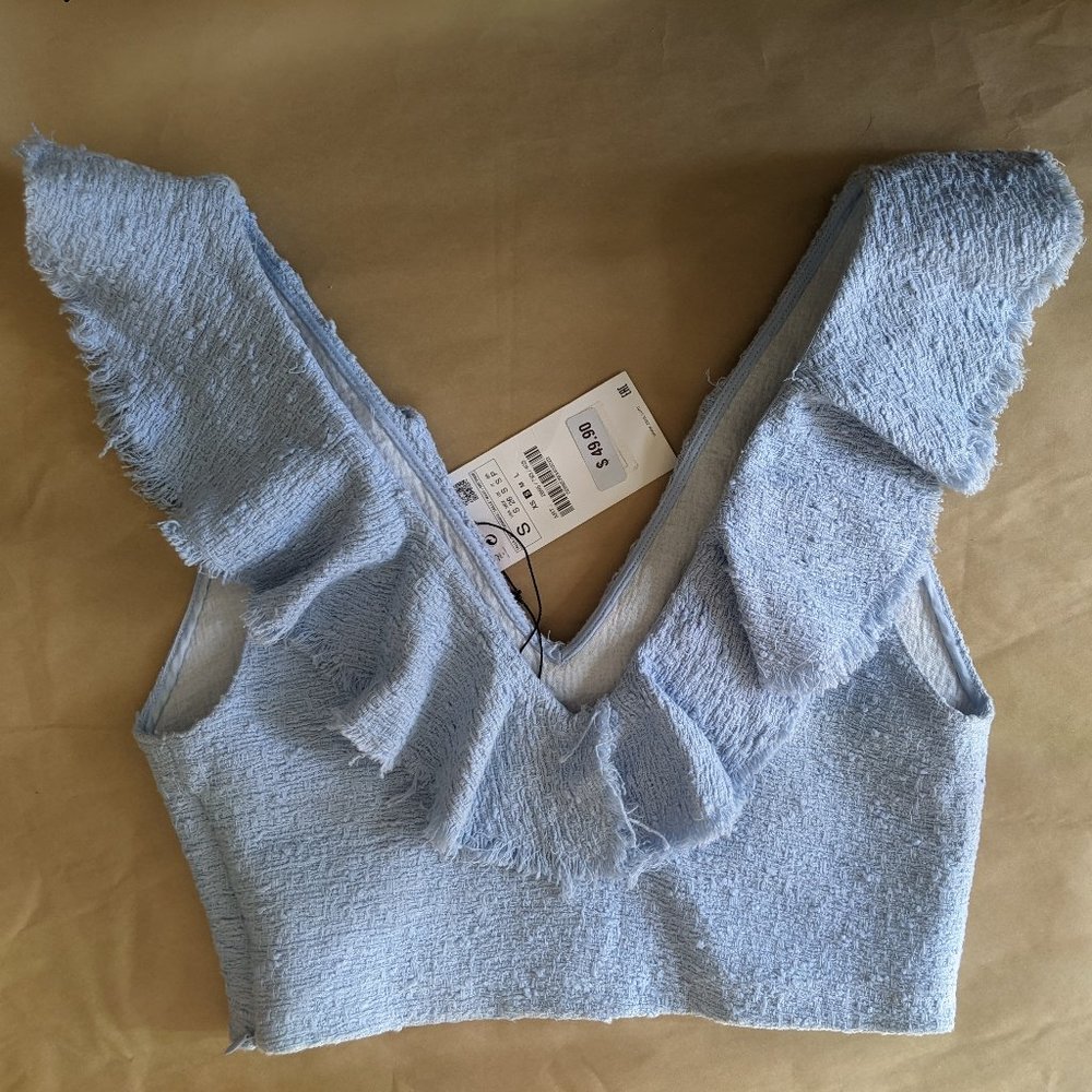 Zara blue crop top. Ruffles fringe side zip - Picture 10 of 13